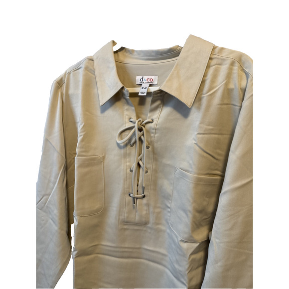 D&Co NEW Women's Plus 3X Stretch Woven Lace up Pullover Shirt Neutral Boho Chic - Picture 2 of 13